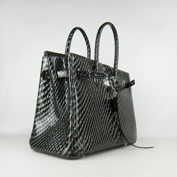 High Quality Fake Hermes Birkin 35CM Fish Veins Leather Bag Black 6089